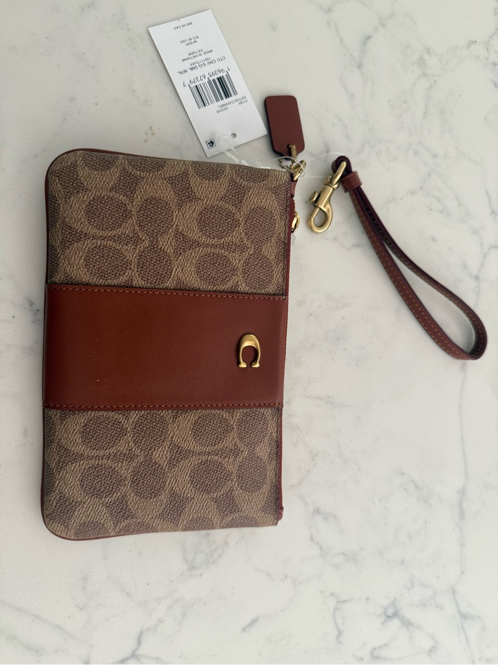 Coach Brown Signature Canvas and Chestnut Leather Wristlet